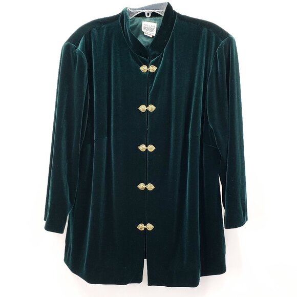 Vintage R & M Richards Karen Kwong Velvet Jacket Sz 20W Green Gold Hook Closure - Picture 1 of 8